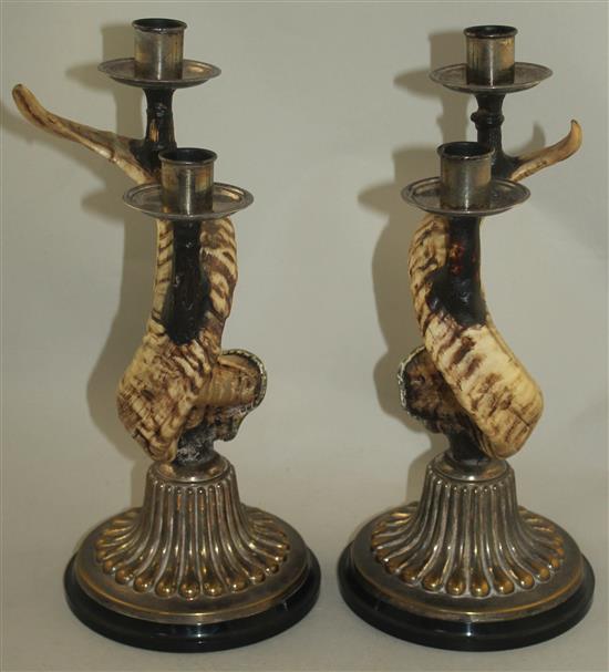 Anthony Redmile. A pair of rams horn and silver plated candlesticks, 14.25in.
